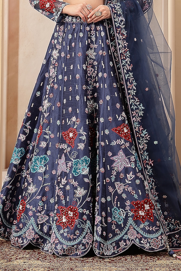 Navy Blue Silk Blend Printed & Embroidered Wedding Lehenga Set by Soniya G at Pernia's Pop Up Shop