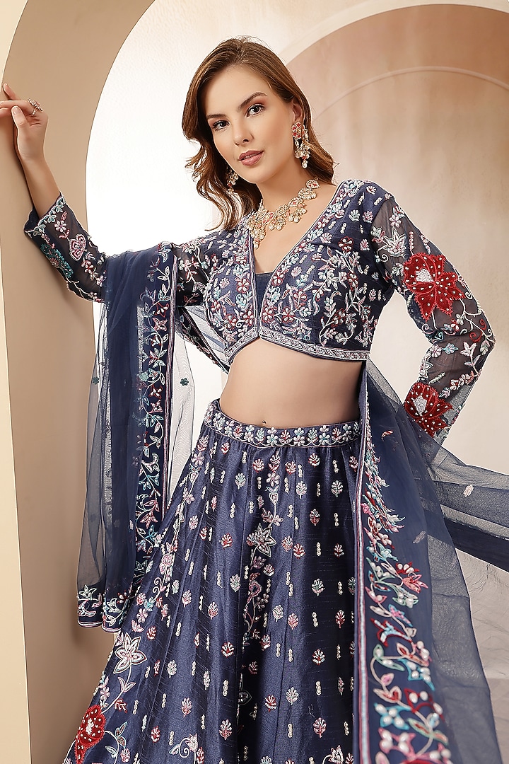 Navy Blue Silk Blend Printed & Embroidered Wedding Lehenga Set by Soniya G at Pernia's Pop Up Shop