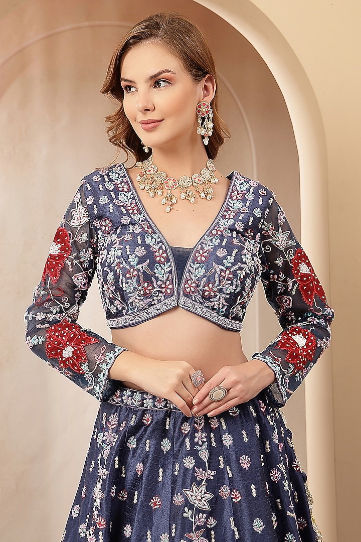 Navy Blue Silk Blend Printed & Embroidered Wedding Lehenga Set by Soniya G at Pernia's Pop Up Shop