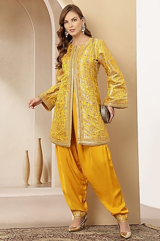 Mustard Yellow Banarasi Brocade Embroidered Kurta Set by Soniya G