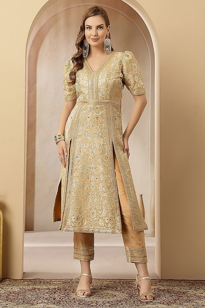 Gold Silk Brocade Embroidered Kurta Set by Soniya G at Pernia's Pop Up Shop