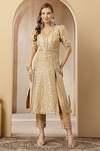Gold Silk Brocade Embroidered Kurta Set by Soniya G