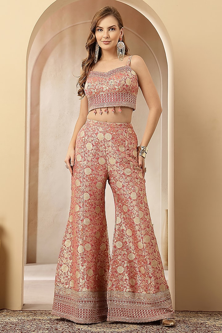 Rose Gold Jacquard Silk Embroidered Co-Ord Set by Soniya G at Pernia's Pop Up Shop