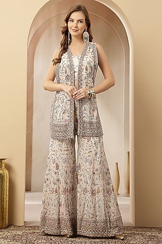 Ivory Georgette Printed & Embroidered Co-Ord Set by Soniya G