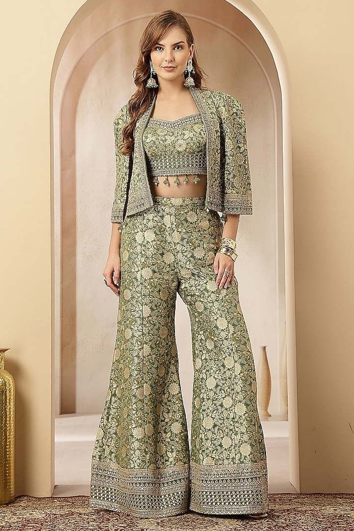 Sage Green Jacquard Silk Embroidered Co-Ord Set by Soniya G at Pernia's Pop Up Shop