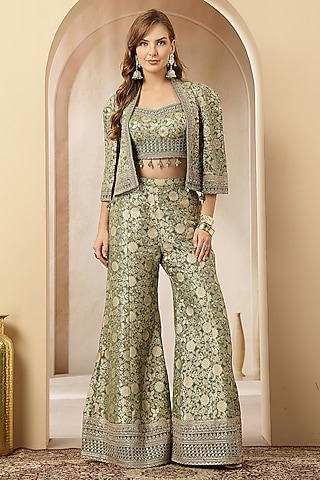 Sage Green Jacquard Silk Embroidered Co-Ord Set by Soniya G