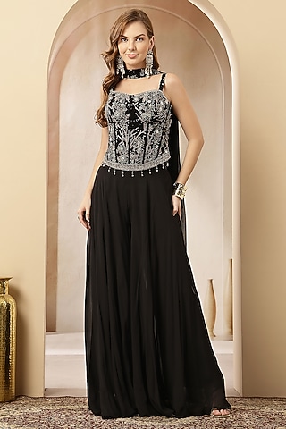 Black Georgette Palazzo Pants Set by Soniya G