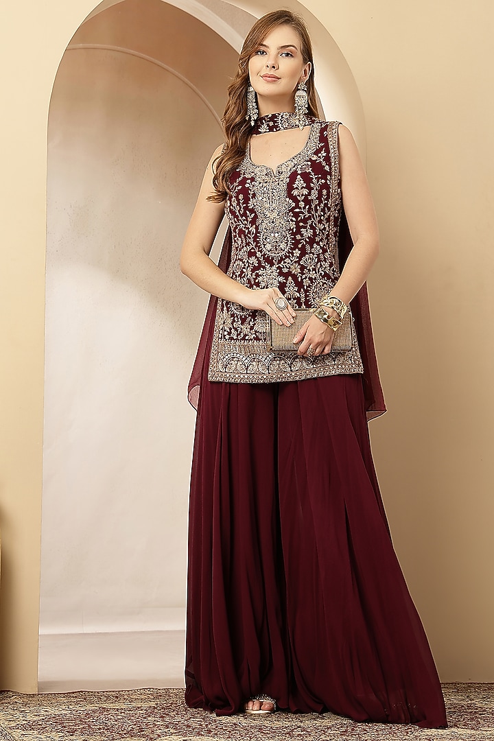 Deep Maroon Georgette Embroidered Kurta Set by Soniya G at Pernia's Pop Up Shop