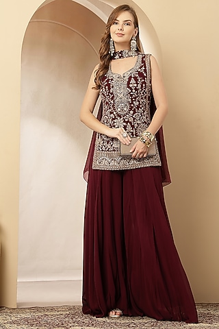 Deep Maroon Georgette Embroidered Kurta Set by Soniya G
