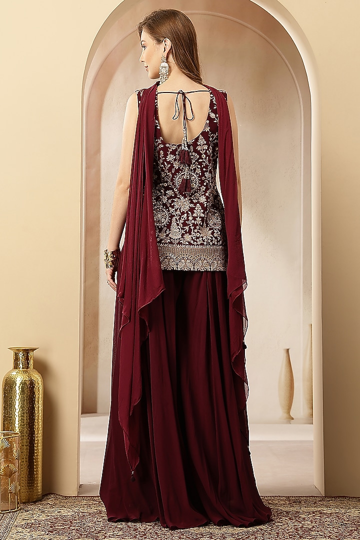 Deep Maroon Georgette Embroidered Kurta Set by Soniya G at Pernia's Pop Up Shop