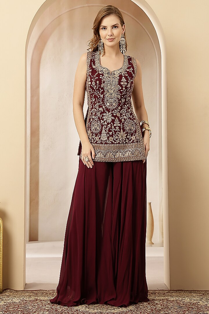 Deep Maroon Georgette Embroidered Kurta Set by Soniya G at Pernia's Pop Up Shop