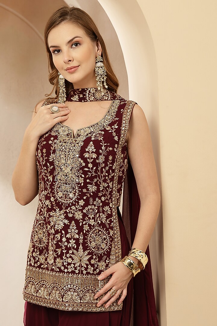 Deep Maroon Georgette Embroidered Kurta Set by Soniya G at Pernia's Pop Up Shop