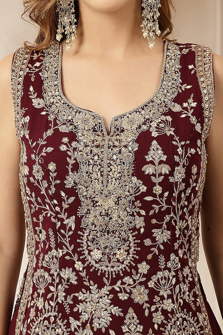 Deep Maroon Georgette Embroidered Kurta Set by Soniya G at Pernia's Pop Up Shop