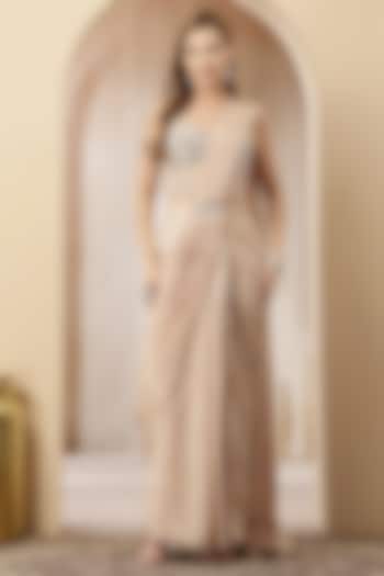 Beige Tissue Embroidered Pre-Draped Party Wear Gown Saree Set by Soniya G at Pernia's Pop Up Shop