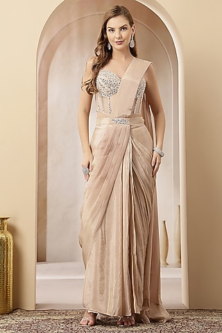 Beige Tissue Embroidered Pre-Draped Gown Saree Set by Soniya G