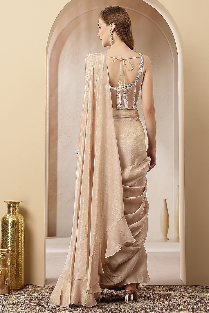 Beige Tissue Embroidered Pre-Draped Party Wear Gown Saree Set by Soniya G at Pernia's Pop Up Shop