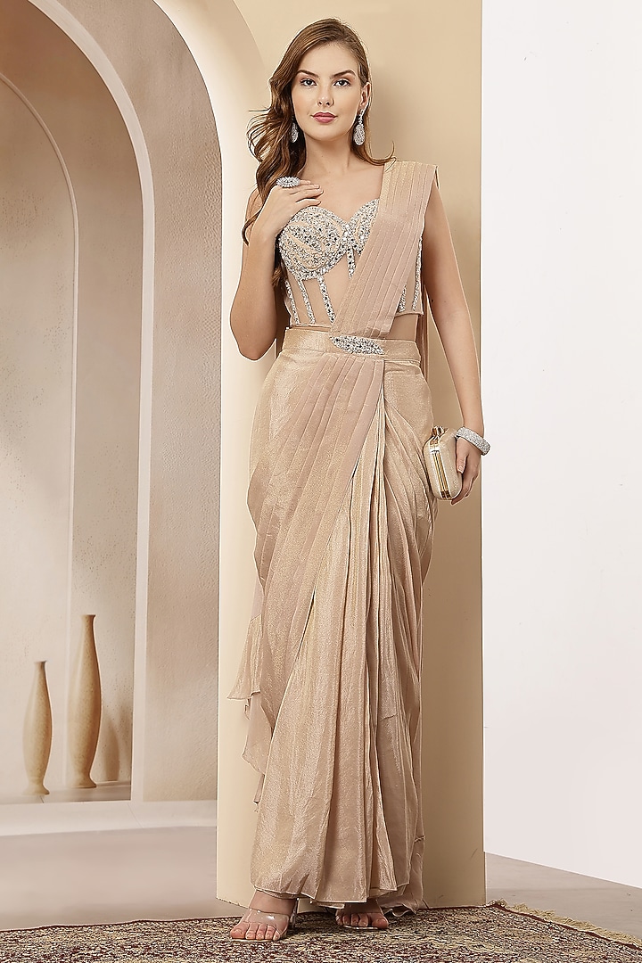 Beige Tissue Embroidered Pre-Draped Party Wear Gown Saree Set by Soniya G at Pernia's Pop Up Shop