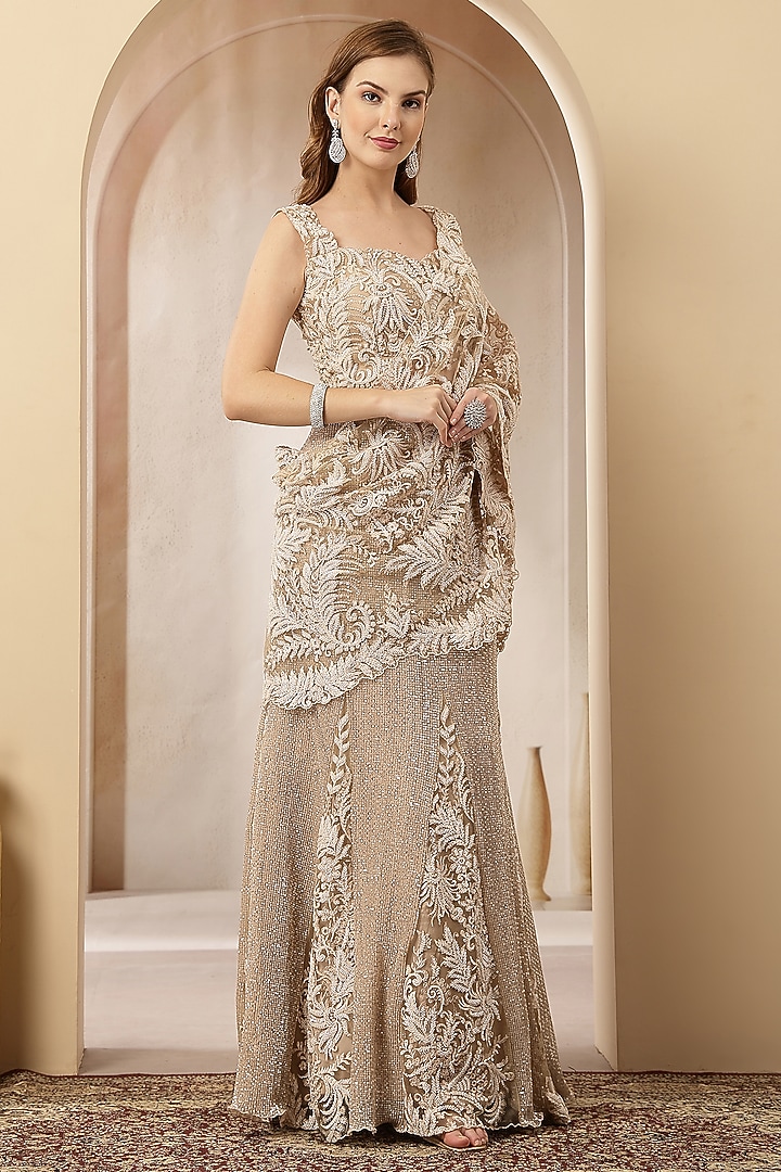 Golden Net Hand Embroidered Pre-Draped Wedding Gown Saree Set by Soniya G at Pernia's Pop Up Shop