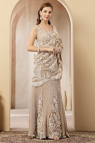 Golden Net Hand Embroidered Pre-Draped Gown Saree Set by Soniya G