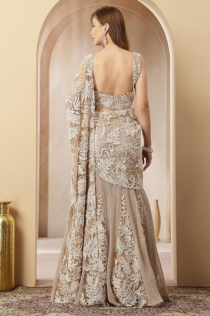 Golden Net Hand Embroidered Pre-Draped Wedding Gown Saree Set by Soniya G at Pernia's Pop Up Shop