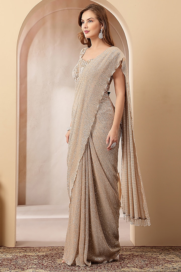 Beige Tissue Wedding Saree Set by Soniya G at Pernia's Pop Up Shop