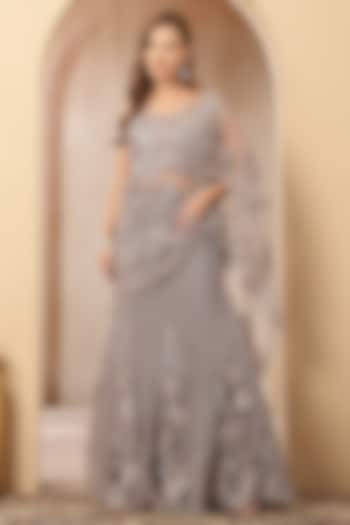 Silver Net Hand Embroidered Pre-Draped Wedding Gown Saree Set by Soniya G at Pernia's Pop Up Shop