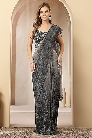 Charcoal Net Saree Set by Soniya G