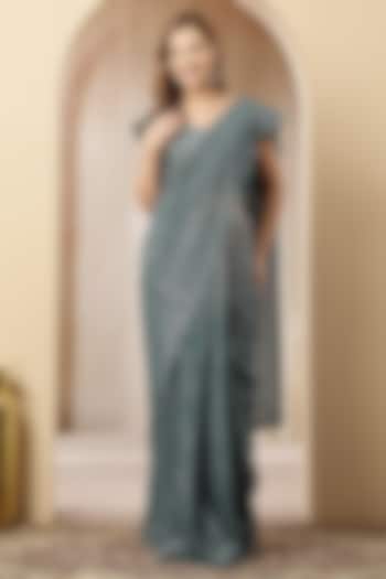 Teal Net Wedding Saree Set by Soniya G at Pernia's Pop Up Shop