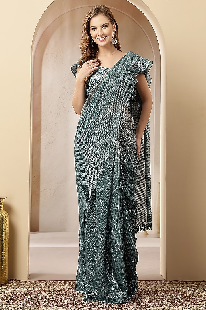 Teal Net Wedding Saree Set by Soniya G at Pernia's Pop Up Shop