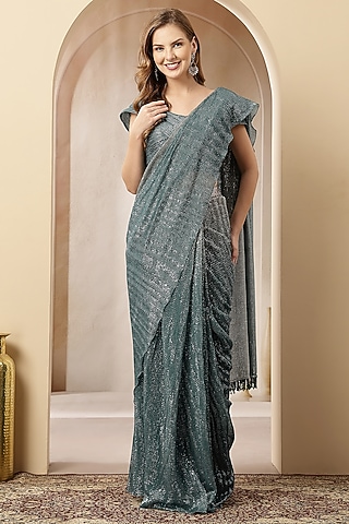 Teal Net Saree Set by Soniya G