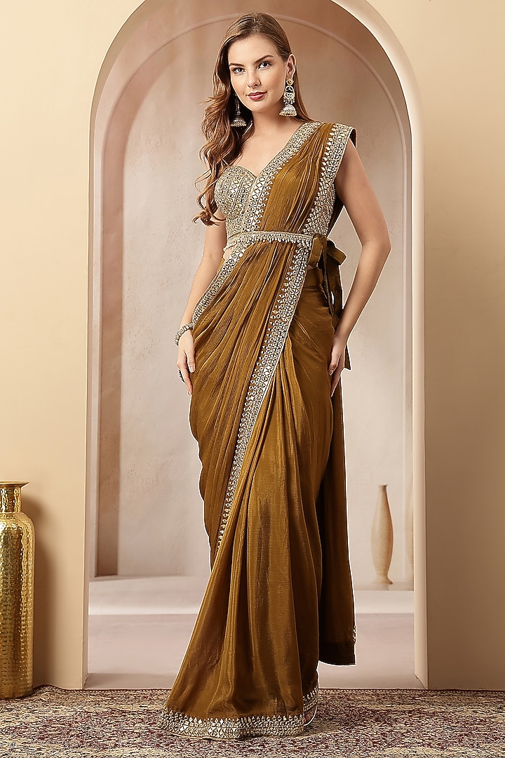 Mustard Gold Satin Tissue Sequin Handwork Pre-Draped Wedding Saree Set by Soniya G at Pernia's Pop Up Shop