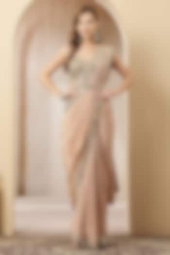 Blush Nude Tissue Mirror Handwork Pre-Draped Party Wear Saree Set by Soniya G at Pernia's Pop Up Shop