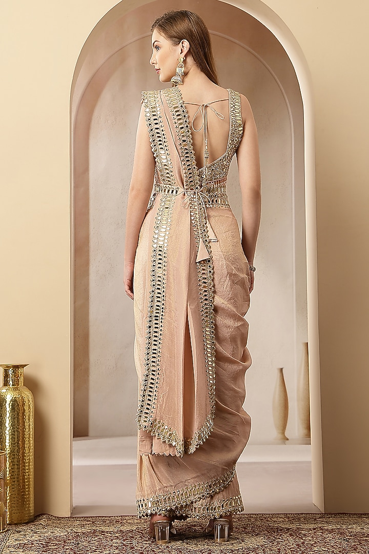 Blush Nude Tissue Mirror Handwork Pre-Draped Party Wear Saree Set by Soniya G at Pernia's Pop Up Shop