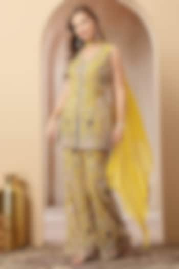 Mustard Yellow Georgette Embroidered Wedding Sharara Set by Soniya G at Pernia's Pop Up Shop