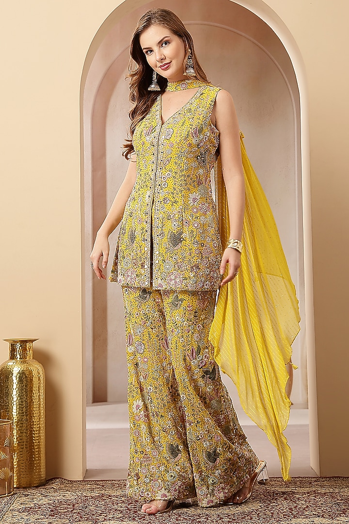 Mustard Yellow Georgette Embroidered Wedding Sharara Set by Soniya G at Pernia's Pop Up Shop
