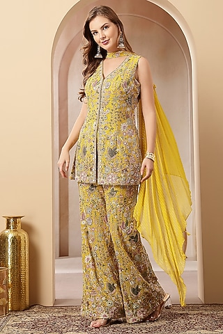 Mustard Yellow Georgette Embroidered Sharara Set by Soniya G