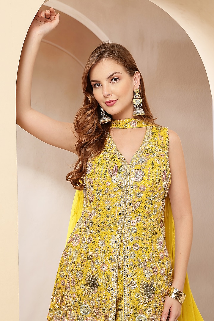 Mustard Yellow Georgette Embroidered Wedding Sharara Set by Soniya G at Pernia's Pop Up Shop