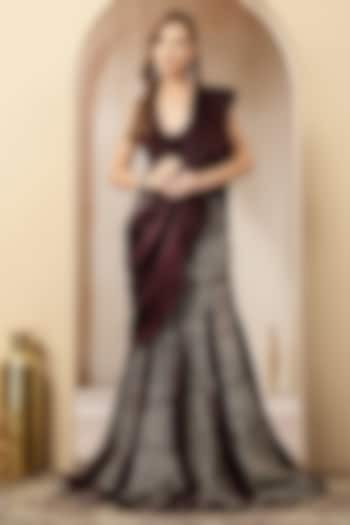 Twilight-Colored Satin Pleated & Foil Pleated Pre-Draped Party Wear Gown Saree Set by Soniya G at Pernia's Pop Up Shop