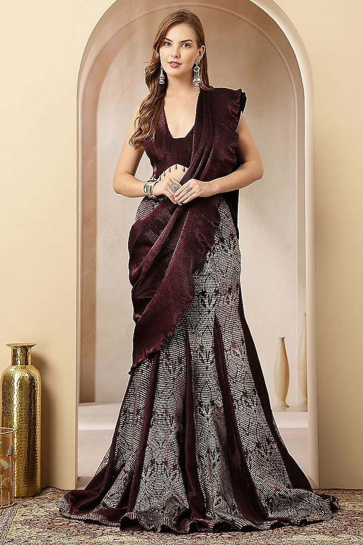 Twilight-Colored Satin Pleated & Foil Pleated Pre-Draped Party Wear Gown Saree Set by Soniya G at Pernia's Pop Up Shop