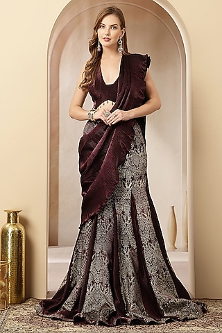 Twilight-Colored Satin Pleated & Foil Pleated Pre-Draped Gown Saree Set by Soniya G