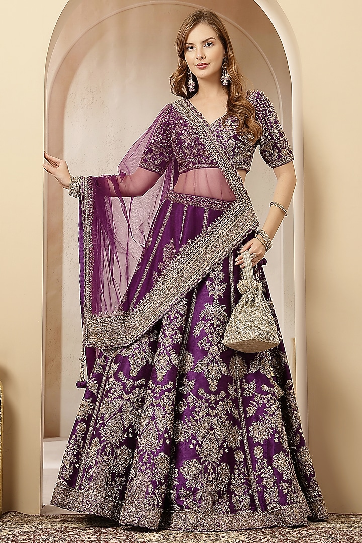 Purple Blended Silk Sequin Embroidered Wedding Lehenga Set by Soniya G at Pernia's Pop Up Shop