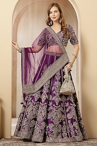 Purple Blended Silk Sequin Embroidered Lehenga Set by Soniya G