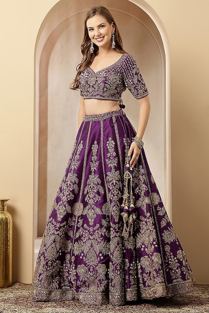 Purple Blended Silk Sequin Embroidered Wedding Lehenga Set by Soniya G at Pernia's Pop Up Shop