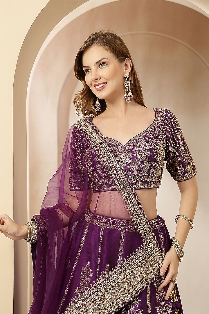 Purple Blended Silk Sequin Embroidered Wedding Lehenga Set by Soniya G at Pernia's Pop Up Shop