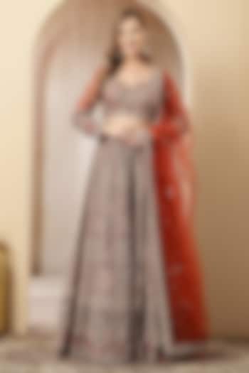 Rust-Orange Blended Silk Sequin Embroidered Wedding Lehenga Set by Soniya G at Pernia's Pop Up Shop
