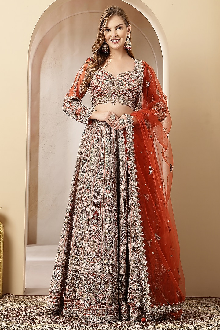 Rust-Orange Blended Silk Sequin Embroidered Wedding Lehenga Set by Soniya G at Pernia's Pop Up Shop