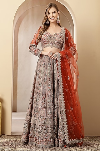 Rust-Orange Blended Silk Sequin Embroidered Lehenga Set by Soniya G