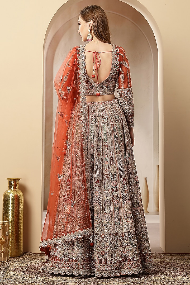 Rust-Orange Blended Silk Sequin Embroidered Wedding Lehenga Set by Soniya G at Pernia's Pop Up Shop