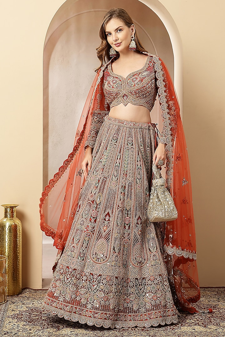 Rust-Orange Blended Silk Sequin Embroidered Wedding Lehenga Set by Soniya G at Pernia's Pop Up Shop