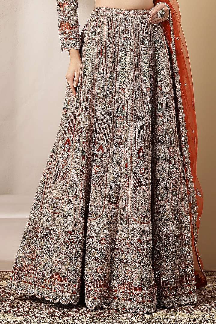 Rust-Orange Blended Silk Sequin Embroidered Wedding Lehenga Set by Soniya G at Pernia's Pop Up Shop